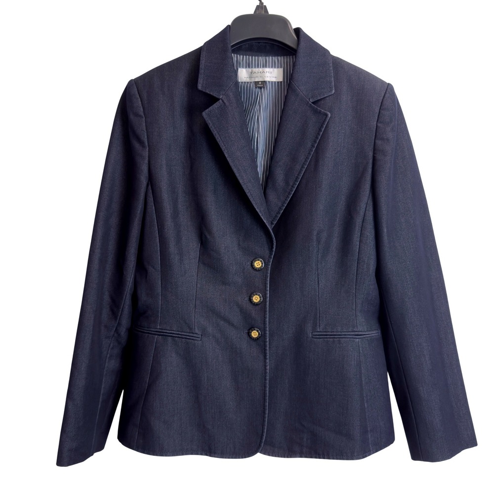 Tahari Arthur S. Levine Navy Blue Denim Blazer Jacket Striped Lining Size 8